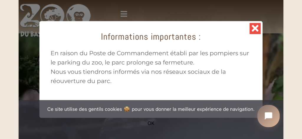 L’avviso di allarme dei pompieri francesi sul sito dello zoo